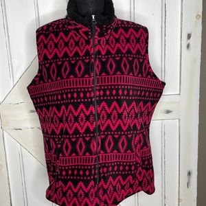 Jane Ashley thick Fleece Vest Sz XL Pink Black zip up Slit front Pockets